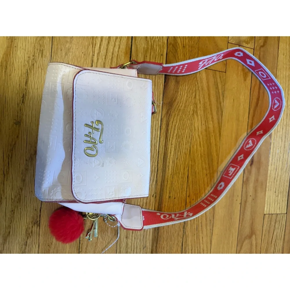 Kids White Embossed Logo Crossbody Bag with Red Strap and Pom Pom‎ Charm